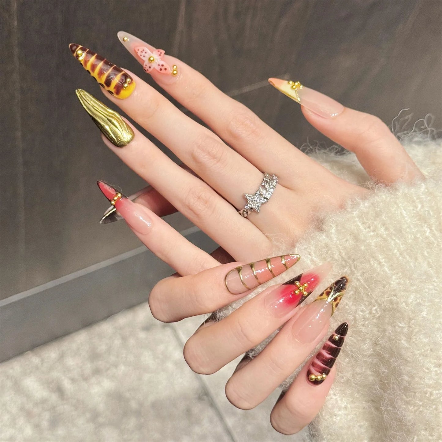 Y2K Press On Nails – Red Cherry Leopard Long Stiletto Set 10pc