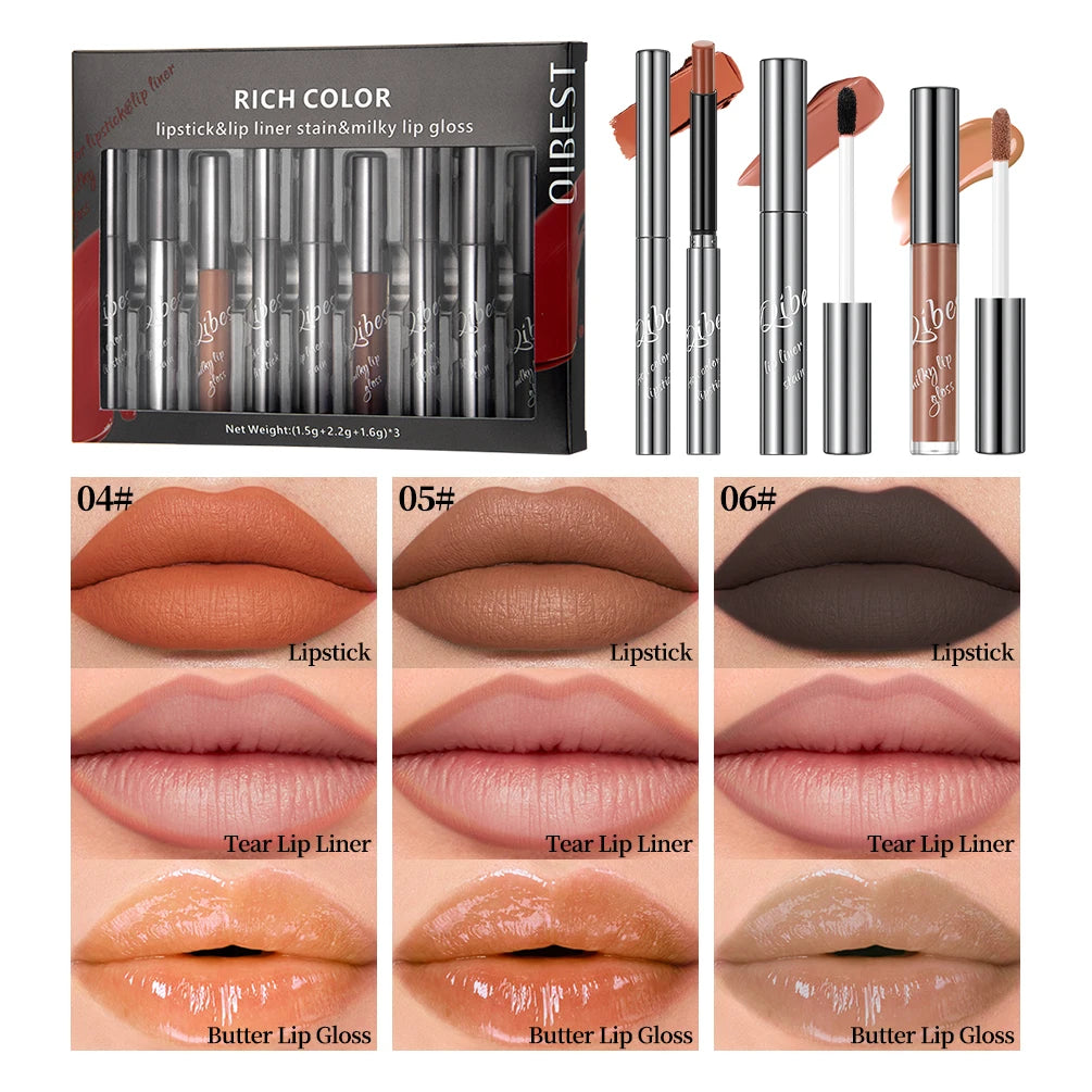 QIBEST 9pcs Lip Makeup Sets Include Lipstick+Tear Lip Liner+Butter Lip Gloss Nude Velvet Lip Glaze Tint Lasting Makeup Kits Peaceful Pleasures Health and Wellness SET B