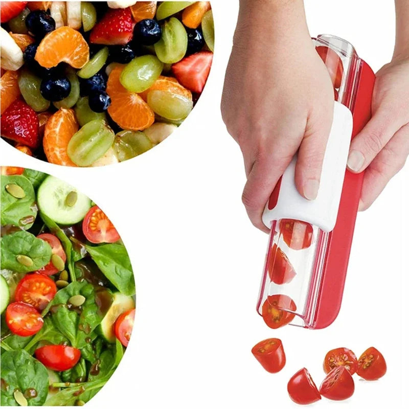 High Quality Plastic Handle Stainless Blade Grape Tomato Fruit Vegetable Salad Cherry Manual Zip Quick Slicer Kitchen Supplies Peaceful Pleasures Health and Wellness