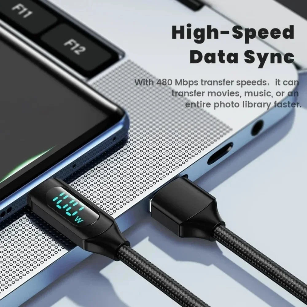 120W USB-C Fast Charging Cable | LED Display & Nylon Braided