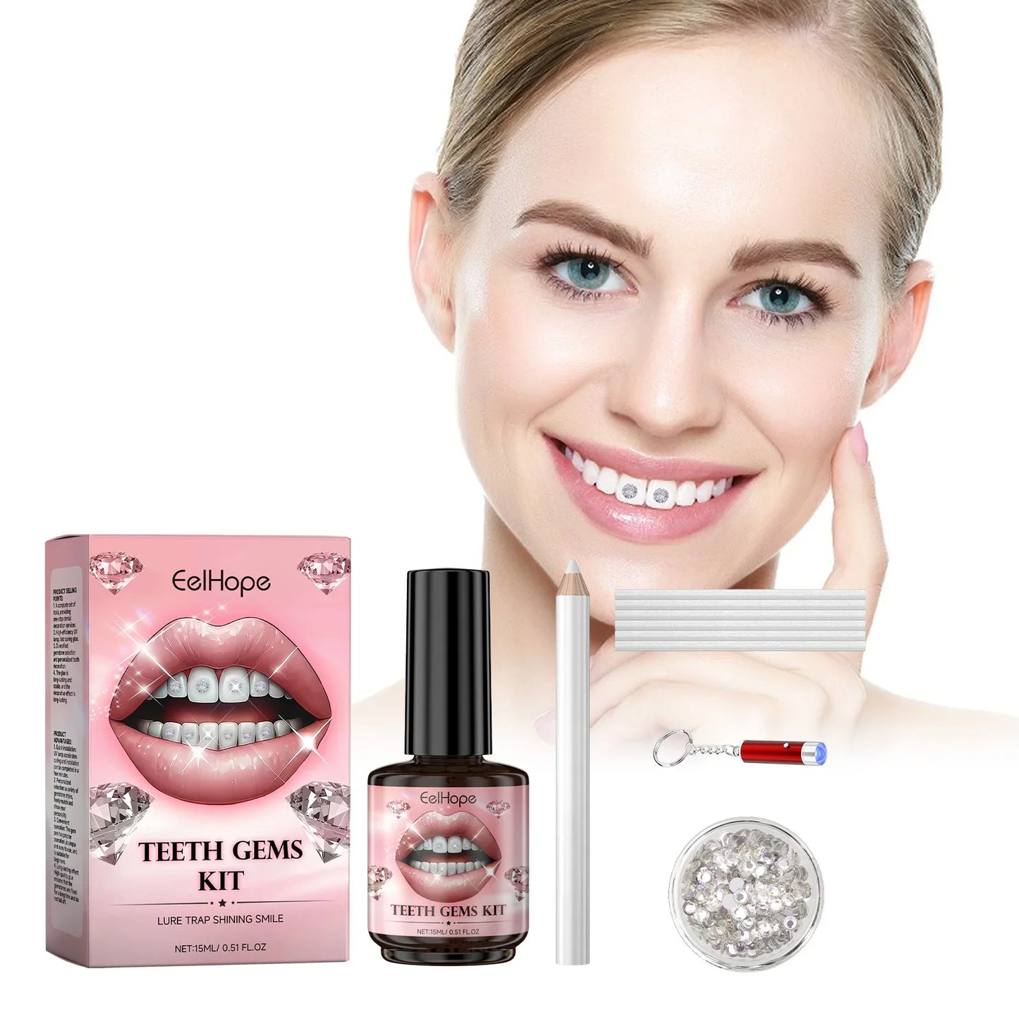 Teeth Gems DIY Kit – 100 Gems, UV Light & Dental Adhesive