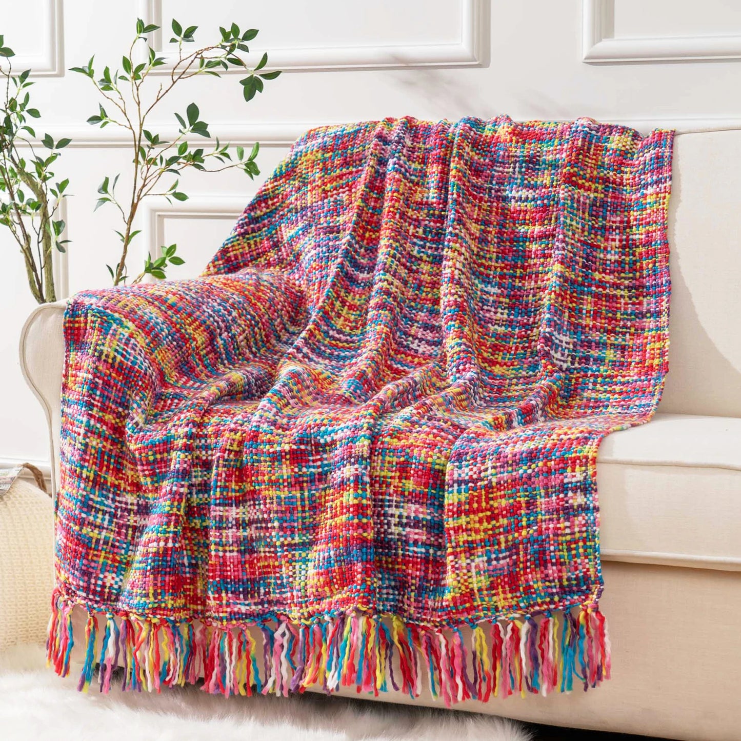 Battilo Orange Knit Throw Blanket with Tassels | Boho Fall Decor