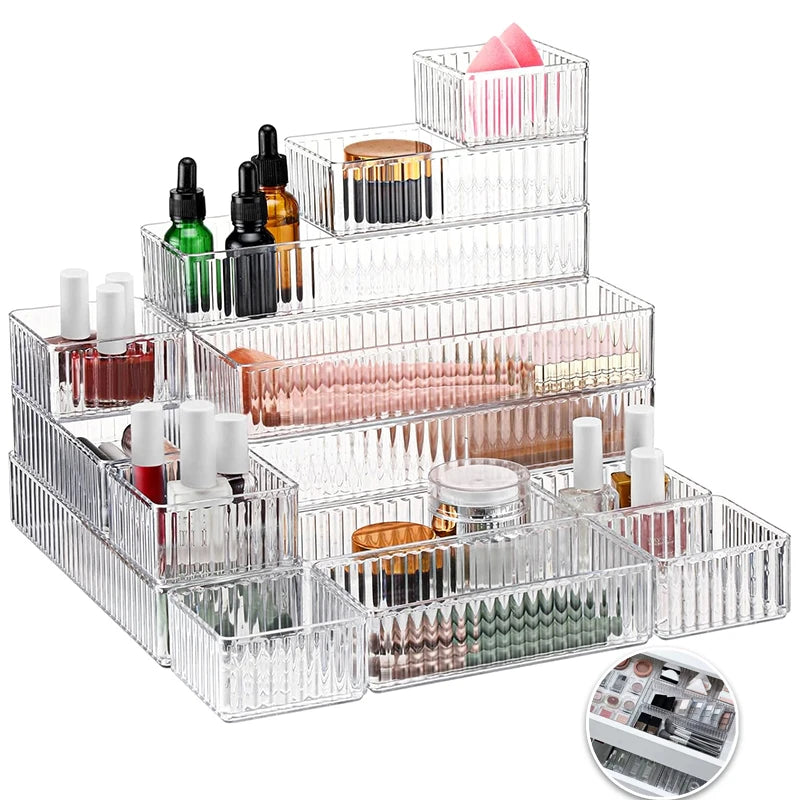 Clear Acrylic Drawer Organizer Bins | Stackable 4-Size Set