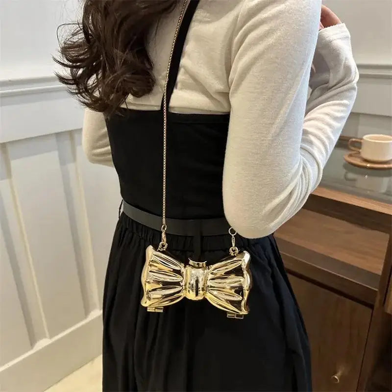 Metal Mini Crossbody Bag | Acrylic Bow Clasp & Chain Strap