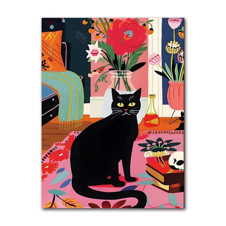 Funny Black Cat Toilet Canvas Wall Art | Bathroom Decor