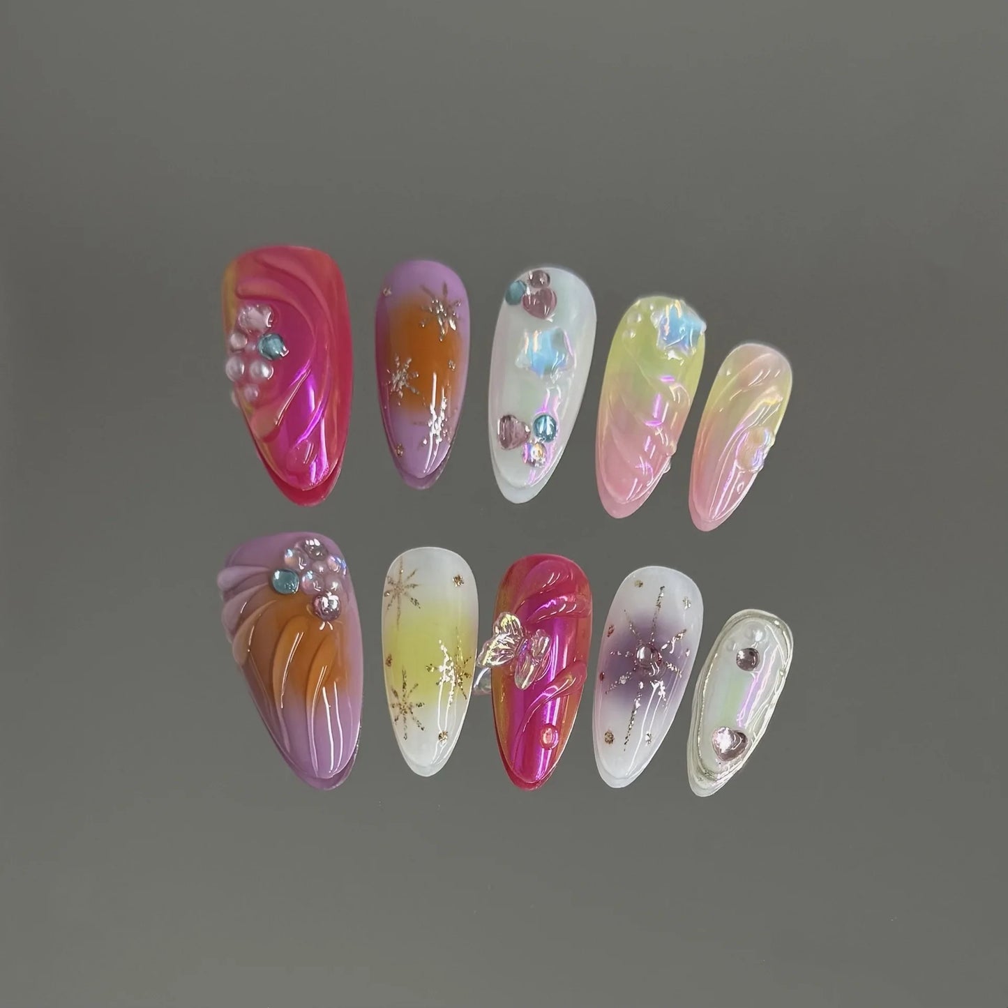10pcs Handmade Press on Nails Sweet Cool Aurora Butterfly Star Fake Nail Tips Wearable Summer Spice Girls Almond False Nails Peaceful Pleasures Health and Wellness S