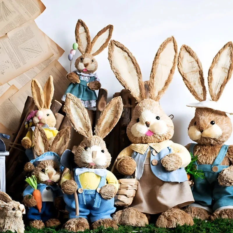 35cm Handmade Straw Easter Bunny Rustic Desktop Decoration