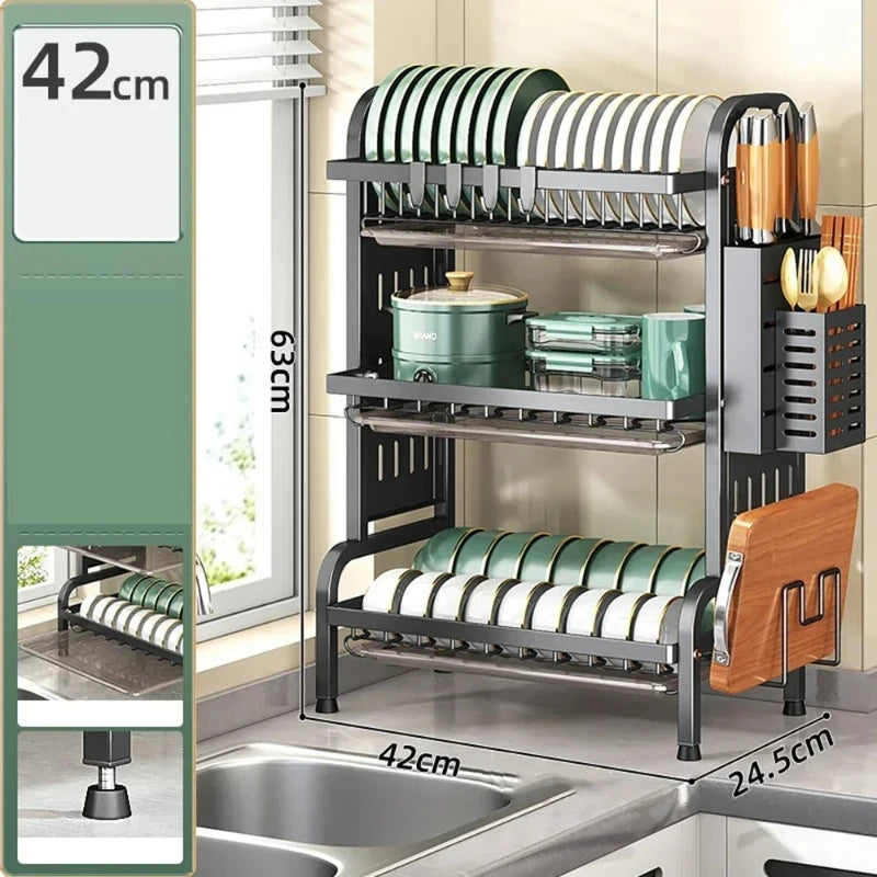 Carbon Steel Kitchen Dishes Drying Storage Rack With Drain Tray Large-capacity Plate Rack Cutlery Chopping Board Tool Organizer Peaceful Pleasures Health and Wellness