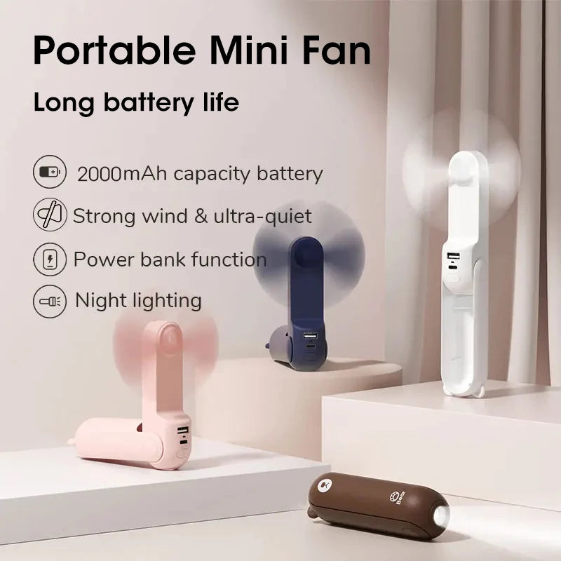 Portable Handheld Fan Mini Electric Fans USB 2000mAh Recharge Hand Held Small Pocket Fan with Power Bank Long Battery Life Peaceful Pleasures Health and Wellness