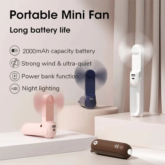 Portable Handheld Fan Mini Electric Fans USB 2000mAh Recharge Hand Held Small Pocket Fan with Power Bank Long Battery Life Peaceful Pleasures Health and Wellness
