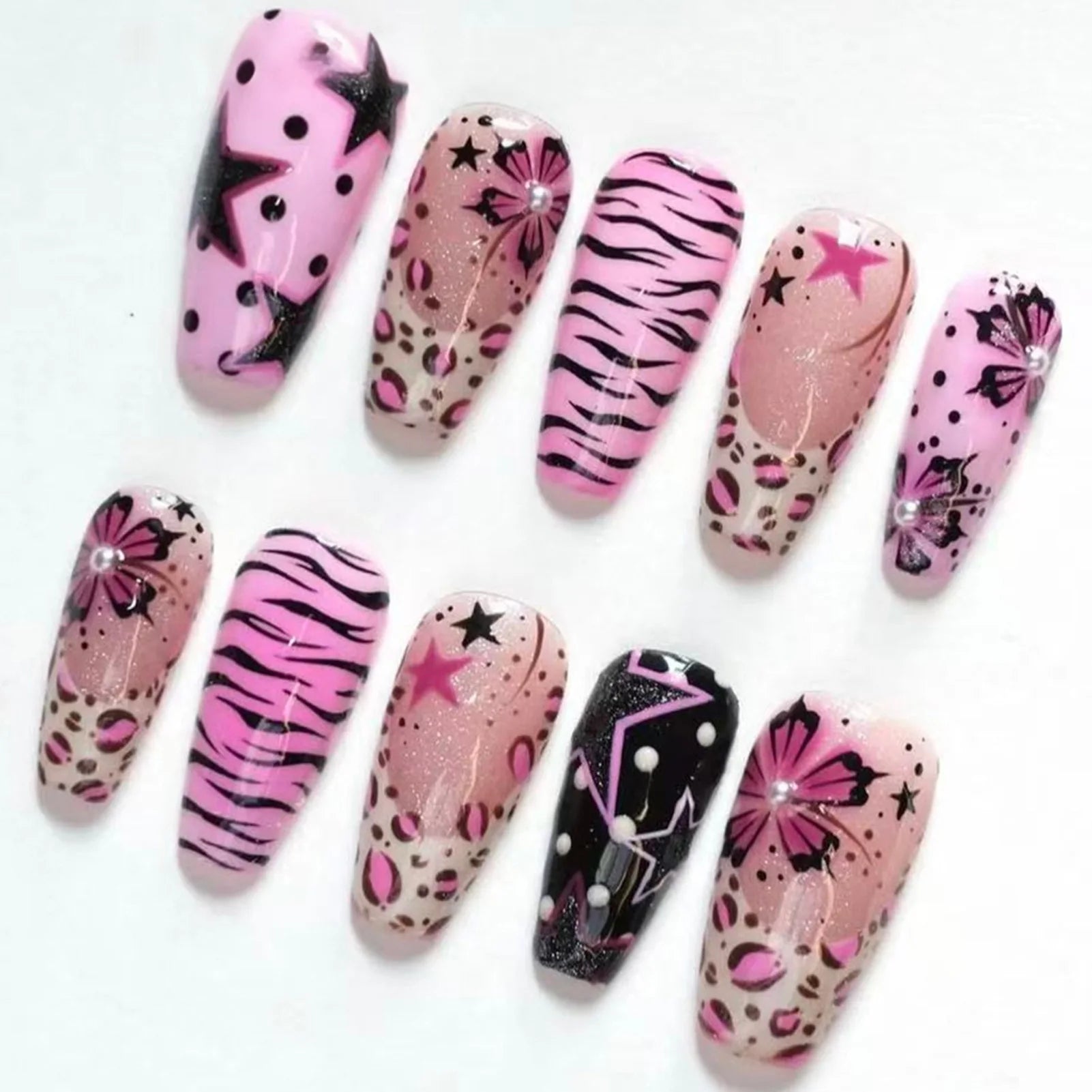 24pcs Women's False Nails Y2k Five-pointed Star 3D Pearl Decorated Fake Nails For Spicy Girl Leopard Print Flower Manicure Art Peaceful Pleasures Health and Wellness