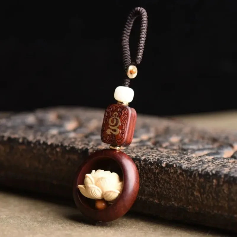 Mini Wooden Buddha Statue Lucky Lotus Keychain Pendant Accessories Holiday Gift Peaceful Pleasures Health and Wellness