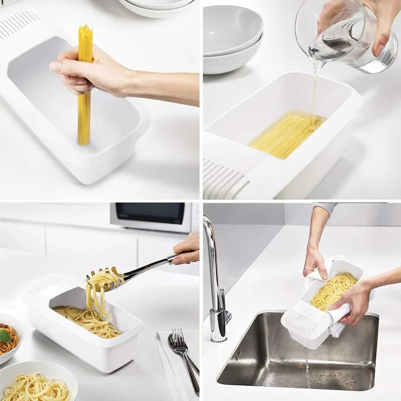 Microwave Noodles Pasta Cooker with Strainer Eco-Friendly Plastic Spaghetti Vegetable Steamer Dishwasher Kitchen Accessories Peaceful Pleasures Health and Wellness