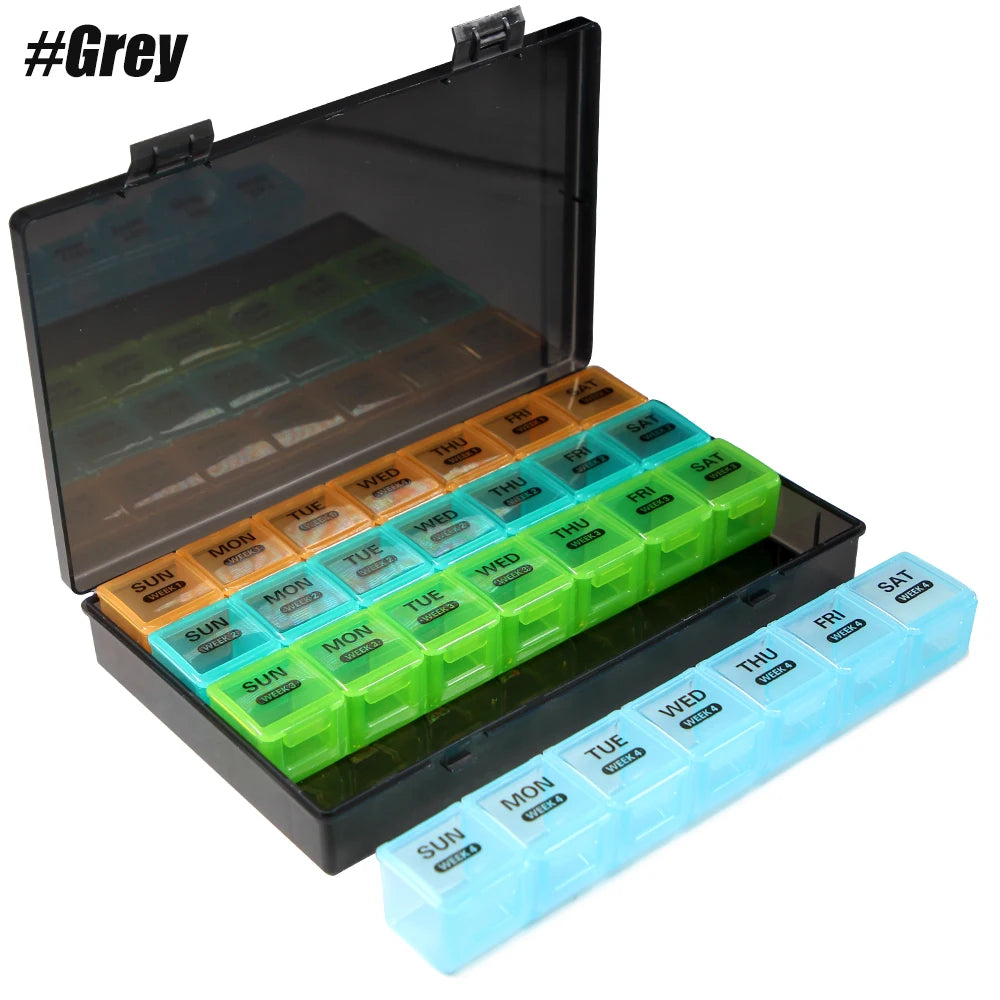 Monthly Pill Organizer, 28 Day Pill Box, 4 Weeks One Month Pill Cases, Large Compartments Medicine Organizer Vitamins, Fish Oils Peaceful Pleasures Health and Wellness Grey