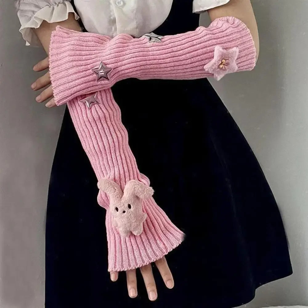 Original Design Rabbit Star Knitted Pile Socks Cute Fold Ears Rabbit Striped Knitted Sleeves Millennium Style Fashion Versatile Peaceful Pleasures Health and Wellness Pink