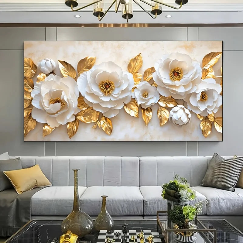 Frameless Modern Floral Canvas Art, Elegant White and Golden Retro Design, Large Wall Decor Poster, No Frame, Canvas Wall Art Peaceful Pleasures Health and Wellness