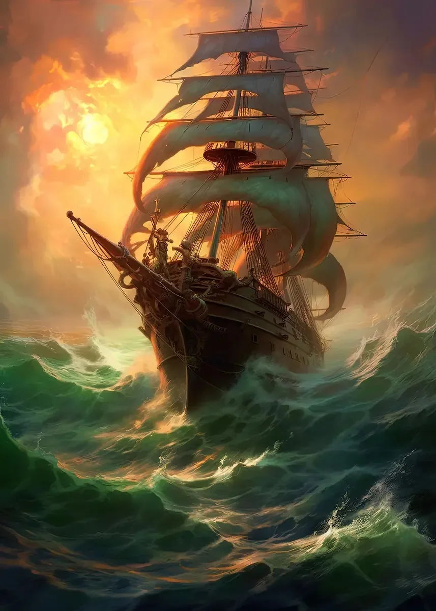 Pirate Ship Sailboat Sailing Ocean Moon Canvas Painting Poster Wall Picture Print for Living Room Home Decor Peaceful Pleasures Health and Wellness P11 50x70cm Unframed