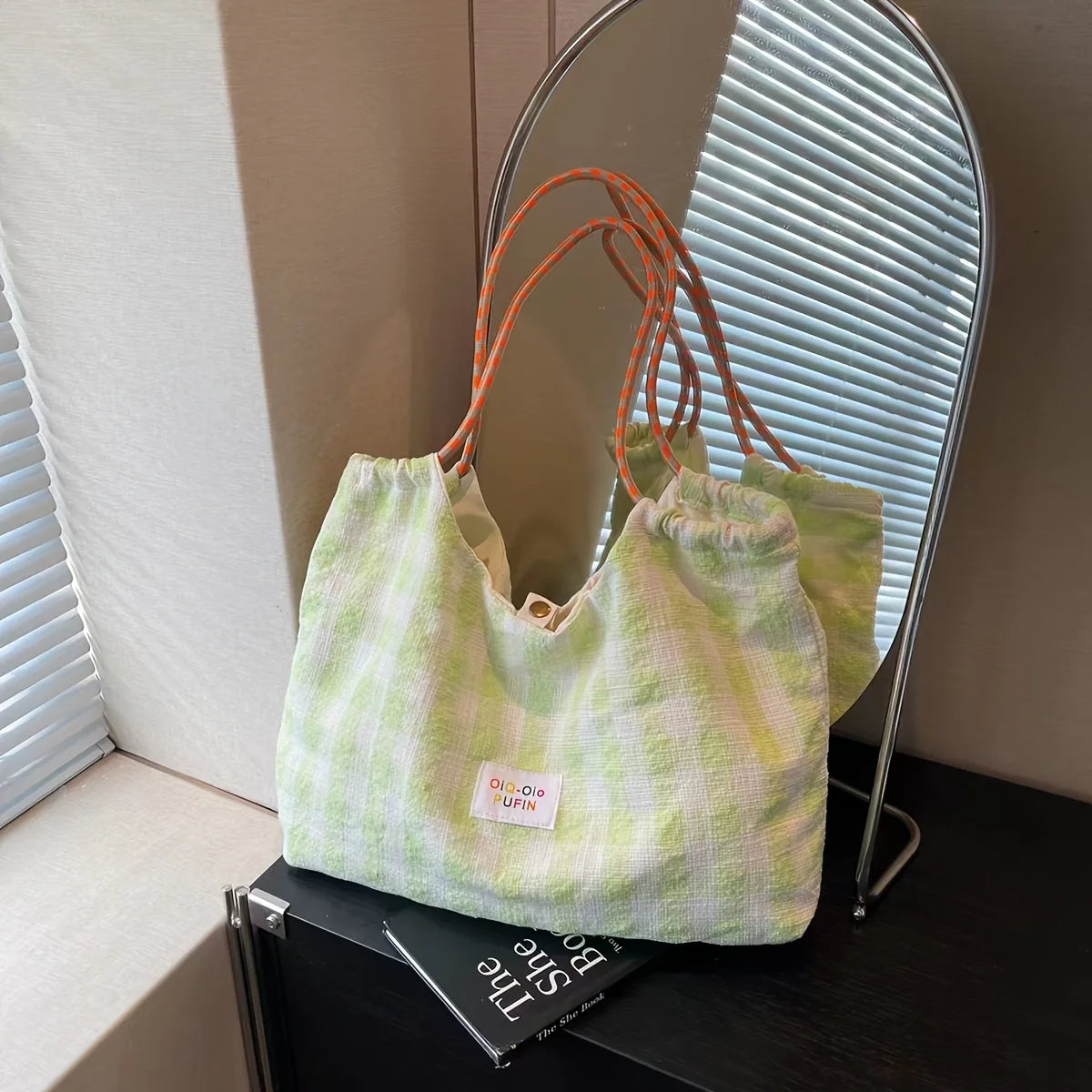 Women's Large Canvas Tote Bag – Korean Plaid Shoulder Bag