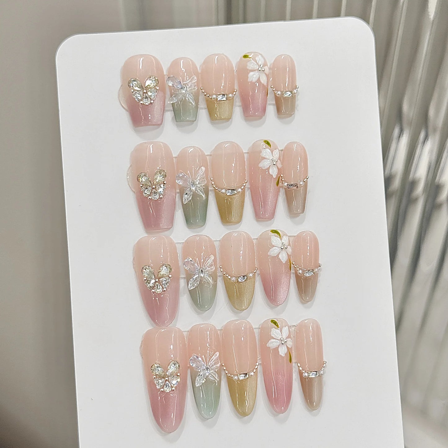 Press On Nails Pink Green Cat Eye Butterfly | Korean French Style