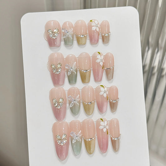 Press On Nails Pink Green Cat Eye Butterfly | Korean French Style Press On Nails Peaceful Pleasures Health and Wellness