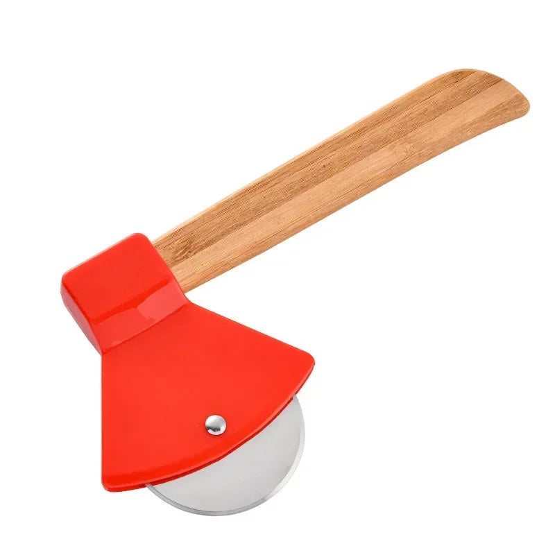 Stainless steel Pizza Cutter Kitchen Restaurant pizza axel tool Axe Pizza Cutter with Bamboo Handle and Sharp Rotating Blade Peaceful Pleasures Health and Wellness Red