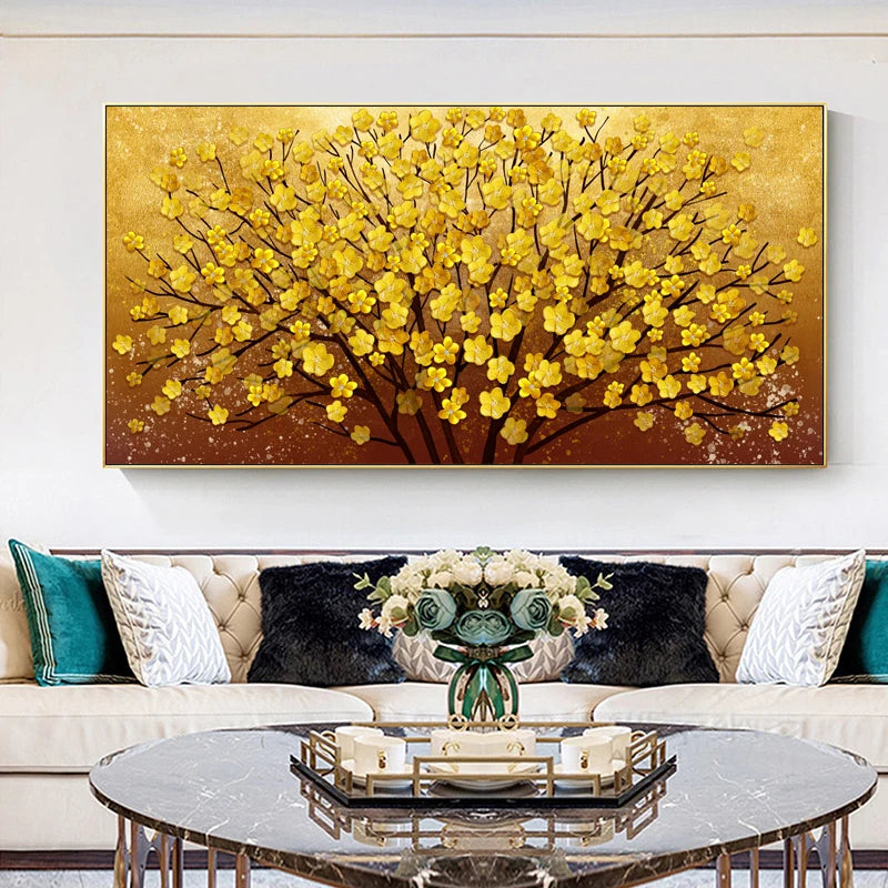 Abstract Luxury Flowers Canvas Painting, Golden Rich Tree, Wall Art Posters Money Tree Prints, Living Room, Porch, Home Decor Peaceful Pleasures Health and Wellness fj5 12 50x100cm