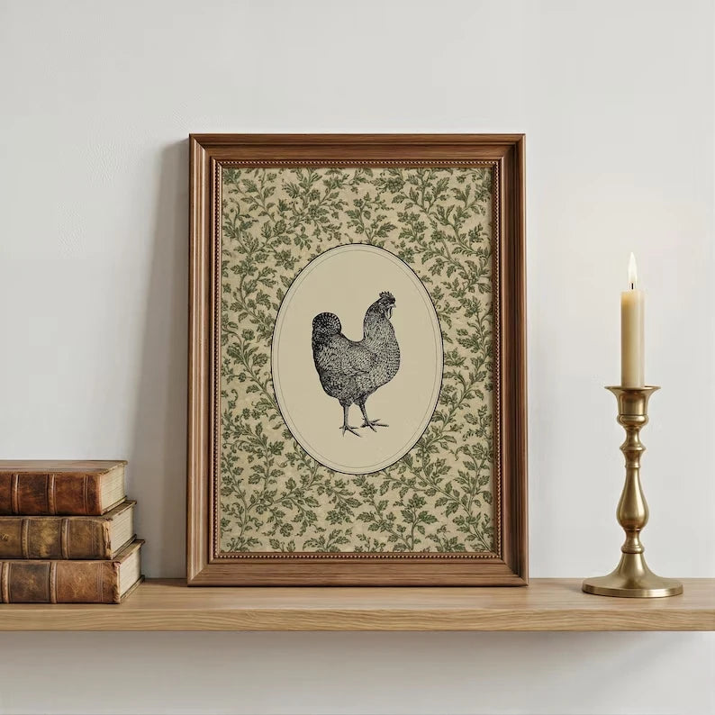 Retro Farmhouse Chicken Botanical Canvas Wall Art Print