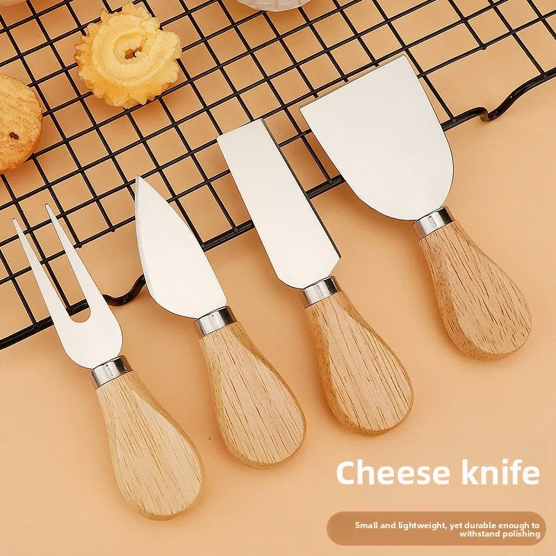 4 Piece Stainless Steel Cheese Knives Set Wood Handle Butter Cheese Cutter Jam Cream Spatula Pizza Knife Kitchen Utensils Set Peaceful Pleasures Health and Wellness