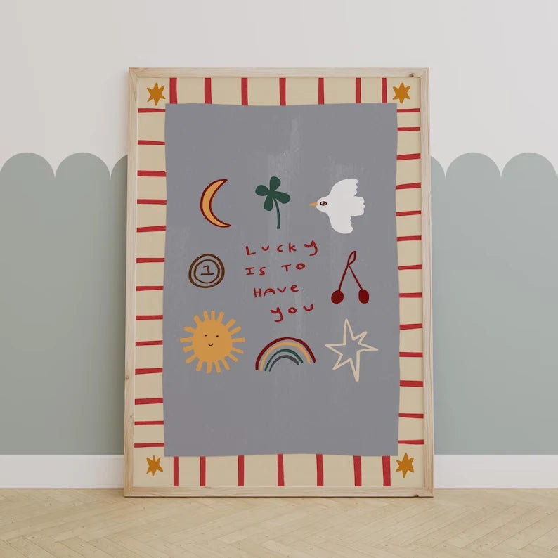 Lucky To Have You Cartoon Quote Canvas Wall Art Print