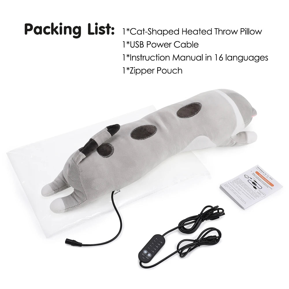 ‌USB Powered Electric Heating Pillow 5 Temperature Settings & Timer Control Smart Long Cat Shape Warm Cushion Office/Home Use Peaceful Pleasures Health and Wellness USB heating pad