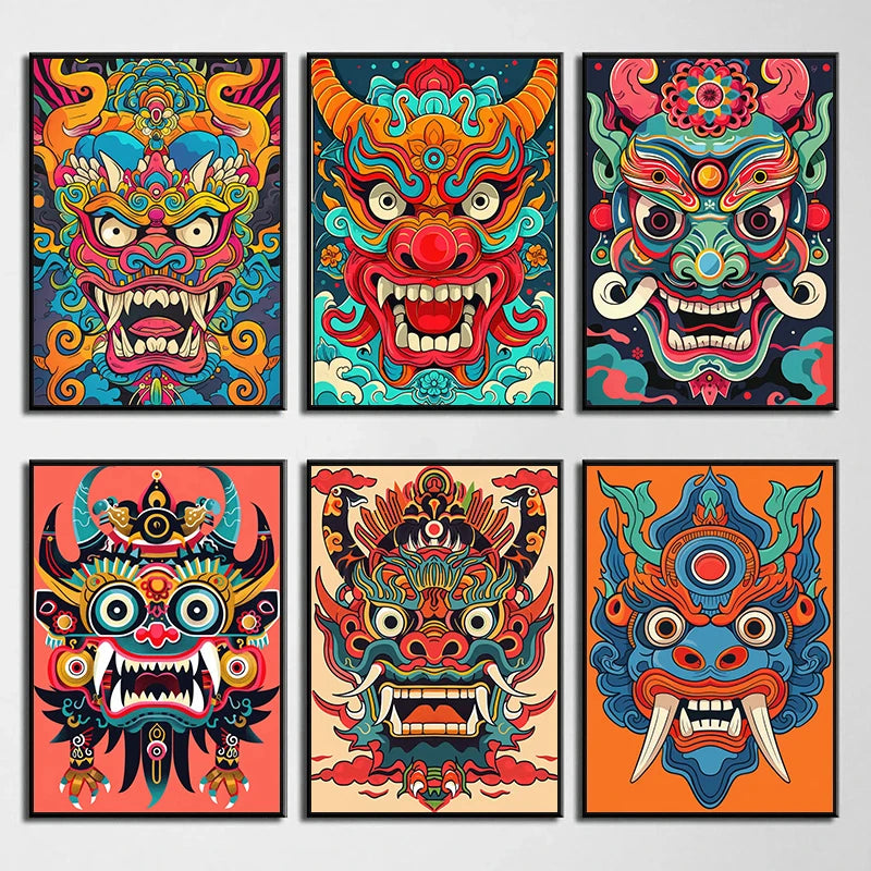 Japanese Oni Samurai Yokai Mask Canvas Wall Art Poster Print Canvas Wall Art Print Peaceful Pleasures Health and Wellness