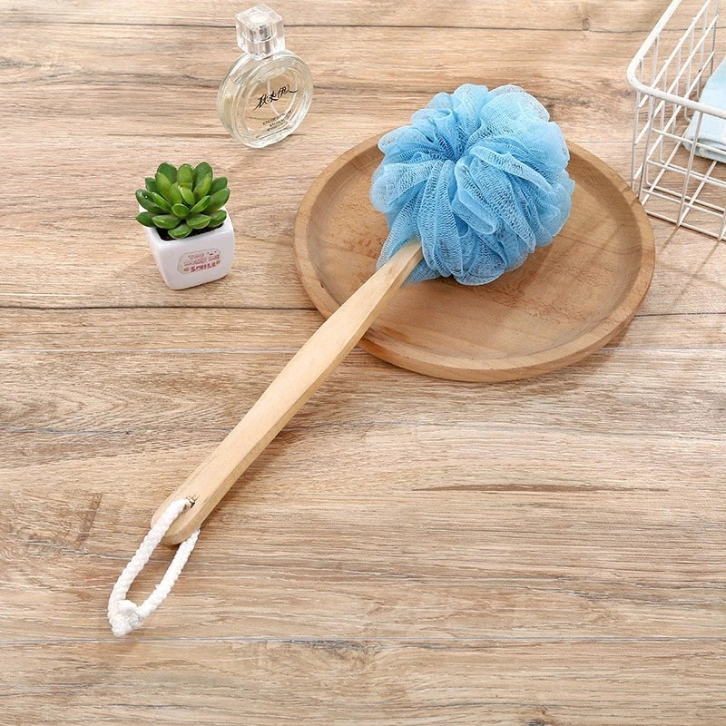 Wooden Handle Bath Brush & Mesh Back Scrubber Sponge Bath Back Scrubber Peaceful Pleasures Health and Wellness Blue