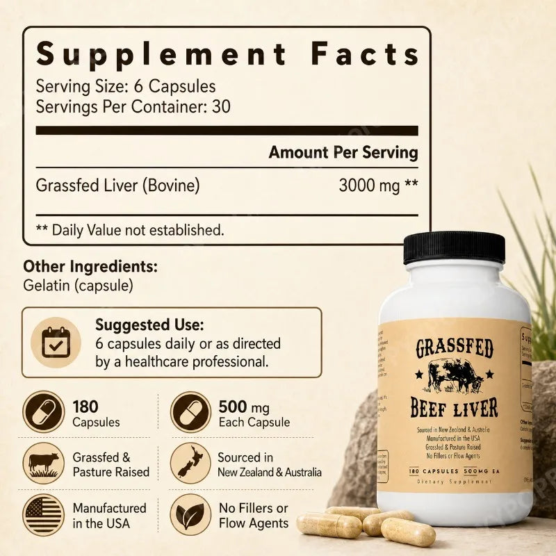 Grass Fed Beef Liver Capsules 180ct | 3000mg Per Serving