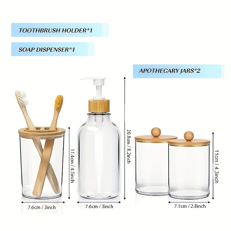 Boho Bathroom Accessories Set – 4 Piece Clear Canister, Soap Dispenser & Toothbrush Holder