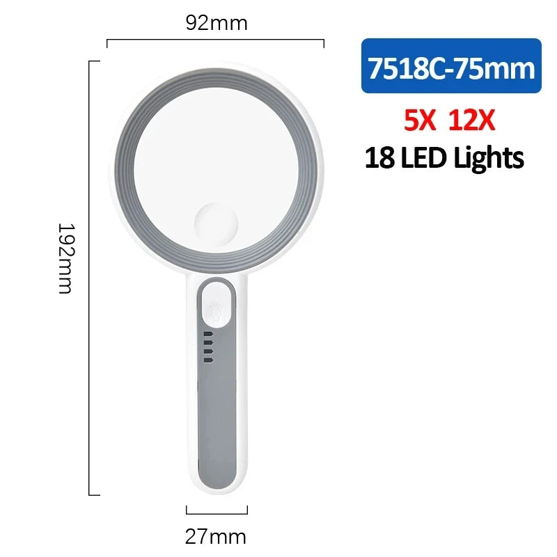 Rechargeable Handheld Magnifier 3 Lighting Modes Illuminated Magnifying Glass with LED Light for Seniors Reading Repair Peaceful Pleasures Health and Wellness 7518C-75mm