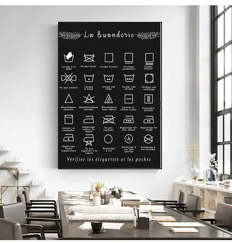 Art Picture Canvas Painting Laundry Room Decor French Symbol Sign Prints Black and White Affiche Buanderie Wall Peaceful Pleasures Health and Wellness