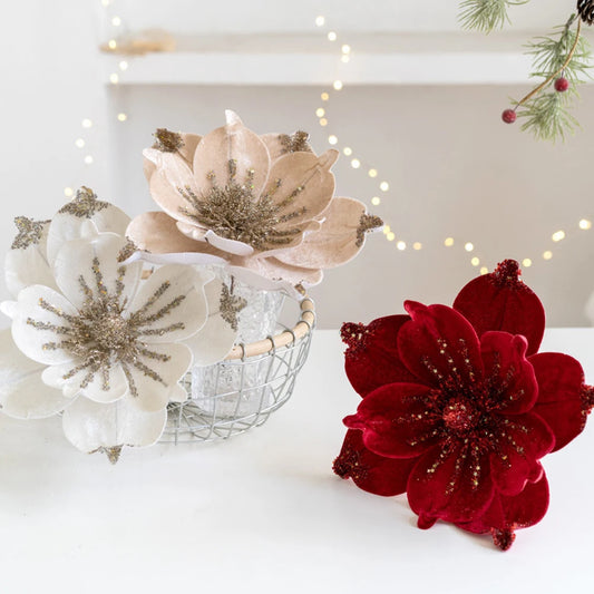 Artificial Glitter Christmas Poinsettia Flower Hanging Xmas Party Peaceful Pleasures Health and Wellness
