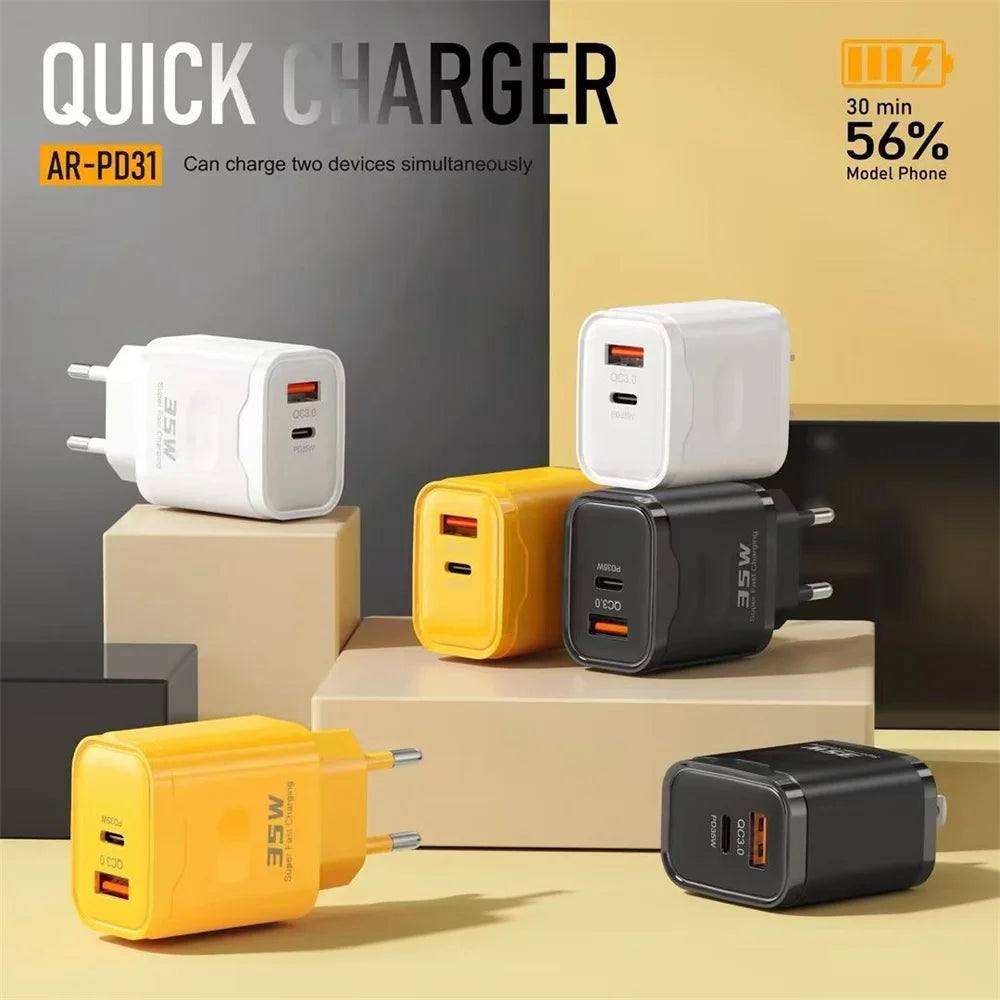 35W Dual Port PD+QC3.0 Fast Charger USB-C Wall Adapter