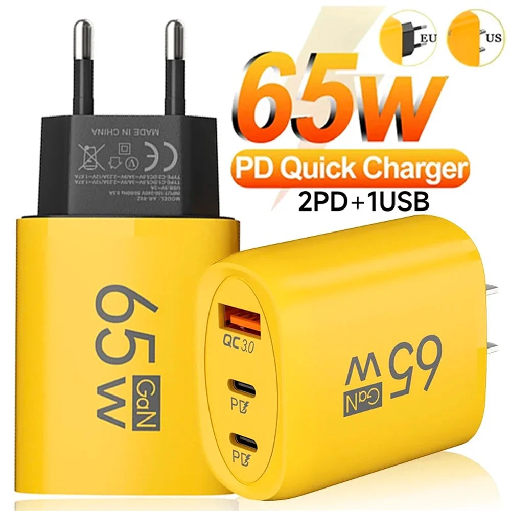 65W GaN USB-C Fast Charger | 3-Port PD QC3.0 Wall Adapter