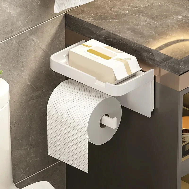 Wall-Mount Plastic Toilet Paper Holder & Storage Rack