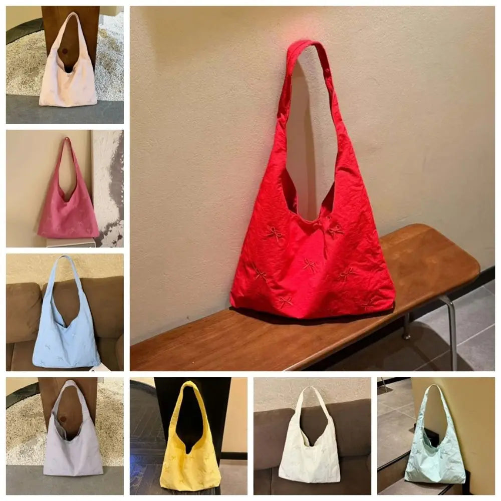 Bowknot Embroidered Canvas Tote Bag | Large Shoulder Handbag Canvas Tote Bag Peaceful Pleasures Health and Wellness
