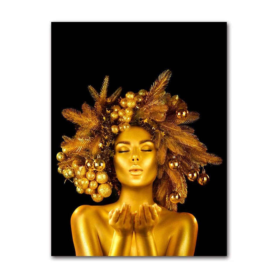 Gold Woman Oil Painting on Canvas Cuadros Posters and Prints Wall Art Picture for Living Room Sexy Nude African Black Peaceful Pleasures Health and Wellness 2874-07 20x30cm Unframed