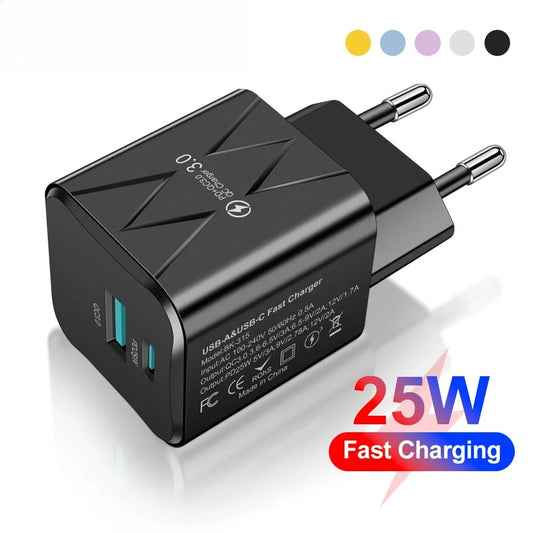 25W PD QC3.0 Dual Port Fast Charger USB-C Travel Adapter
