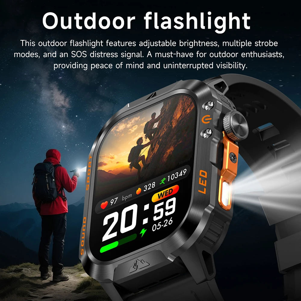 Military Outdoor Smartwatch Men | LED Flashlight, BT Calling