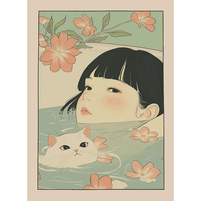 Japanese Cute Animals Bathtub Canvas Wall Art | Bathroom Decor