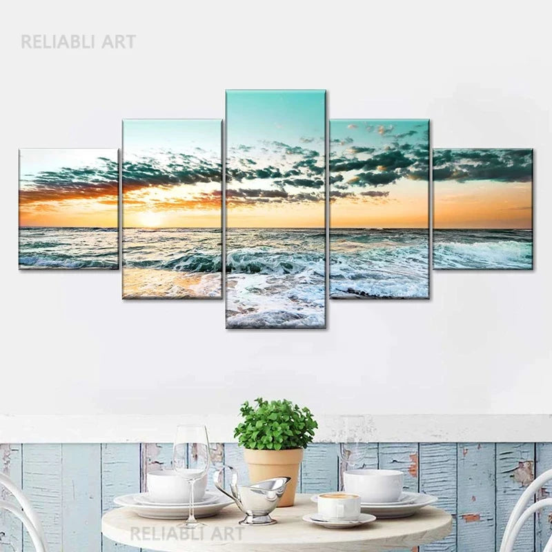 5pcs Cleopatra Ocean Canvas Painting Wall Art Orange Sky Ocean Beach Multi Turkey Sand Beach Sunrise Wall Decor No Frame Peaceful Pleasures Health and Wellness 5pcs 9 20x35-20x45-20x55cm