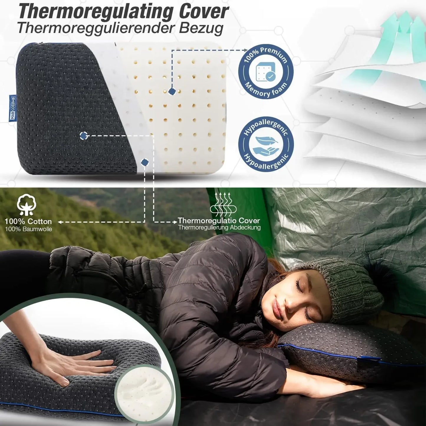 Portable Memory Foam Travel Pillow with Cooling Case - Lightweight for Camping & Outdoor Peaceful Pleasures Health and Wellness