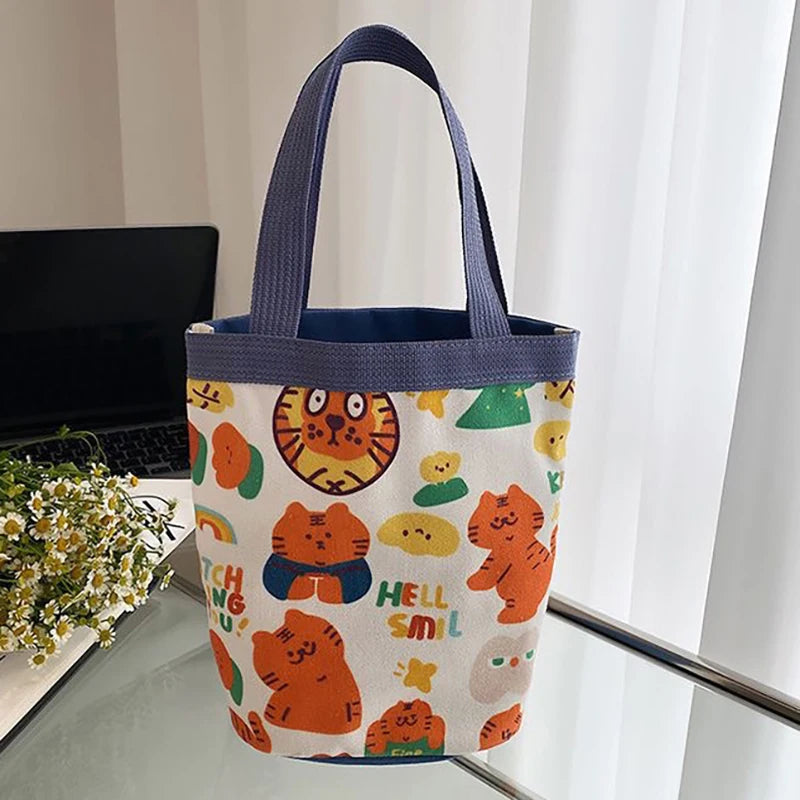 Cute Animal Doodle Canvas Bucket Bag | Cylindrical Lunch Tote