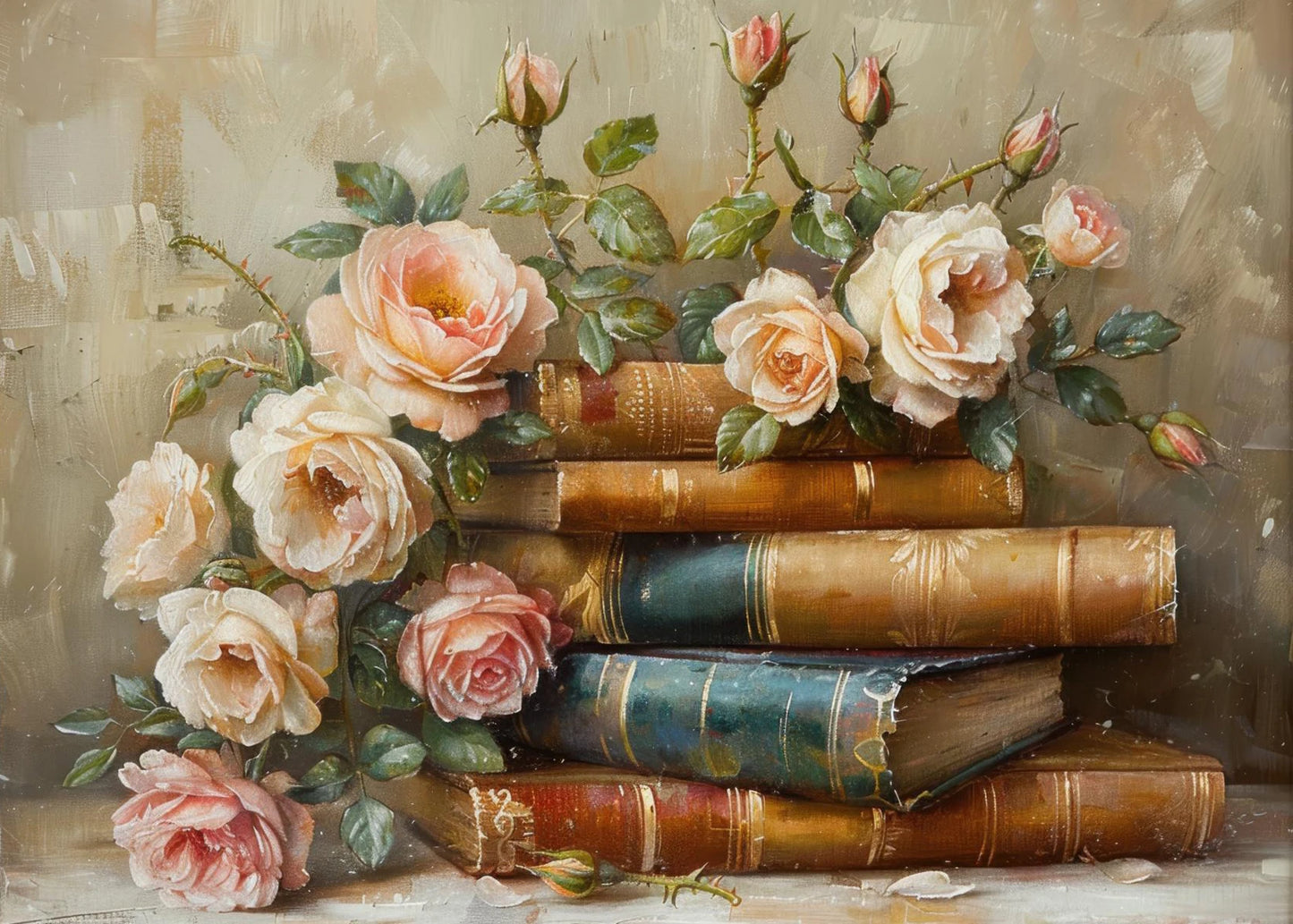 Books & Flowers Vintage Canvas Wall Art | Pink Farmhouse Print