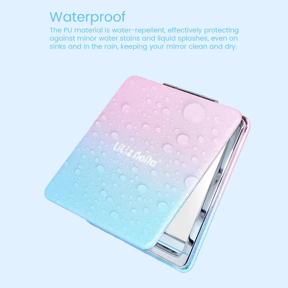 Square Folding Pocket Mirror – Gradient PU Leather, Dual-Sided